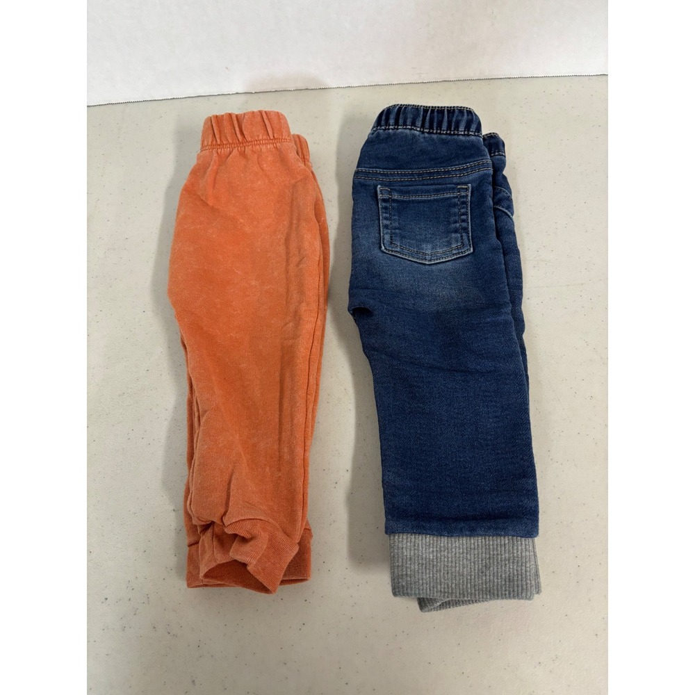 Cat & Jack Baby Boys 12M Pants Bundle Orange Joggers Blue Denim Knit 2pc Set‎